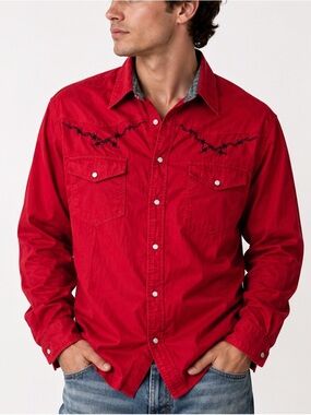 Men’s Red Western Button-Up Shirt with Black Barbed Wire Embroidery | Size XL